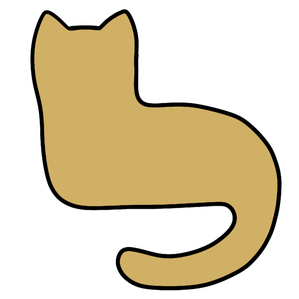 yellow silhouette of a cat lying down with its head up and tail curved below.
